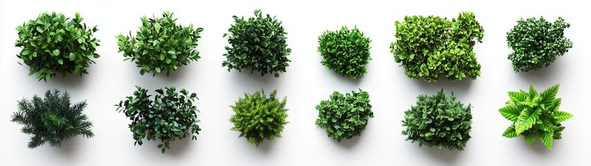 Fototapeta premium Top view of various decorative green bush isolated on white background. Generative AI.