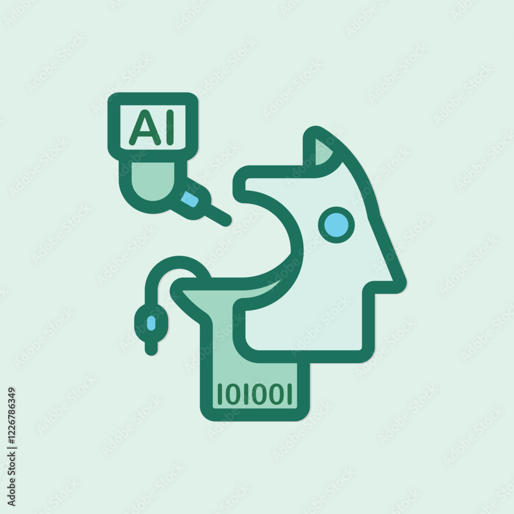 Poster artificial intelligence concept with robot head and ai implant and binary code