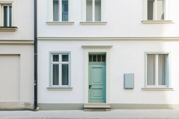 Fototapeta premium A mint green door stands out, beckoning curiosity amidst the minimalist facade of a building, illuminated by the soft light of day in a serene urban neighborhood