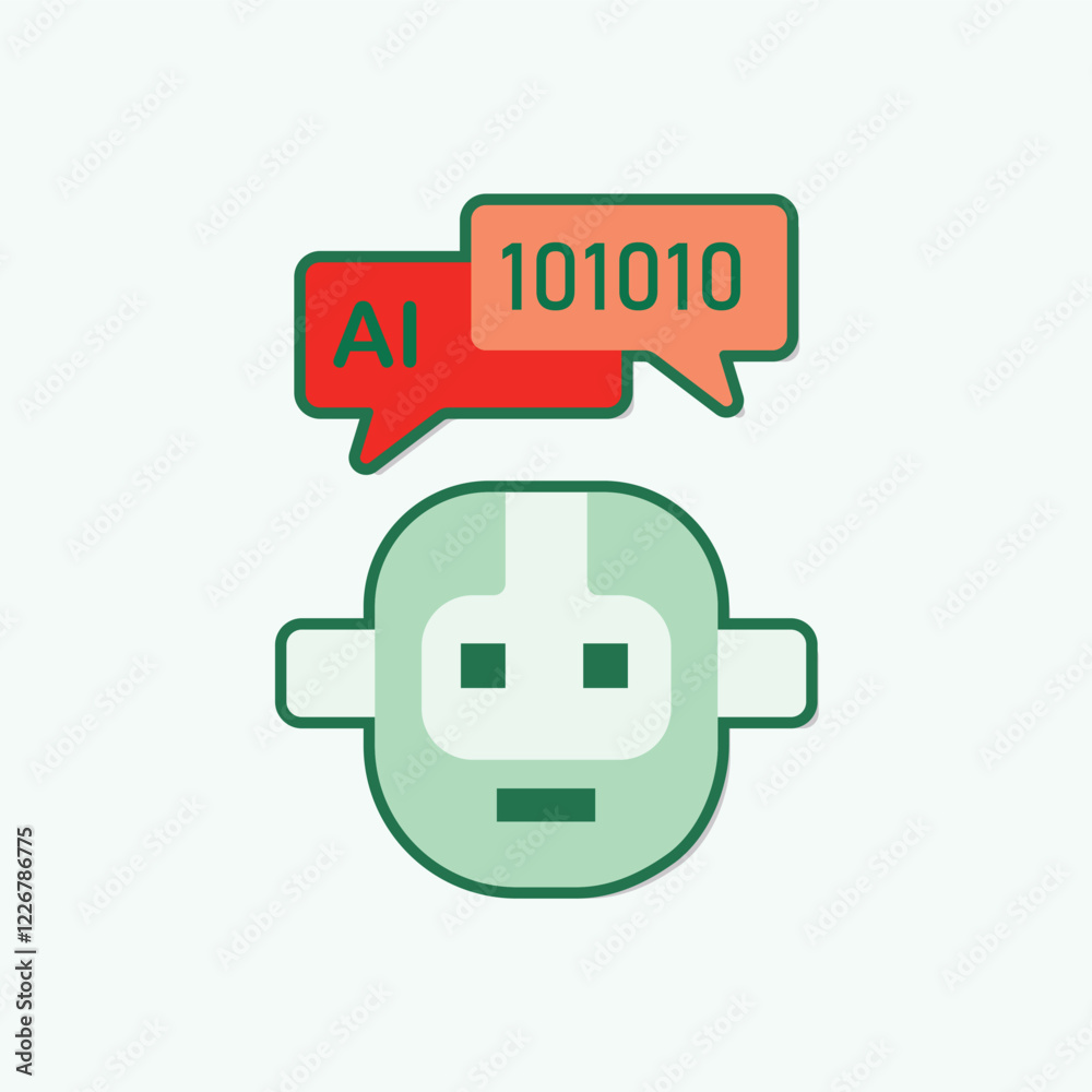 Poster ai chatbot communication concept with robot head and speech bubbles expressing ai and binary