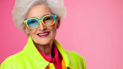 Woman in a yellow jacket and green and blue glasses is smiling. She is wearing a bright and colorful outfit