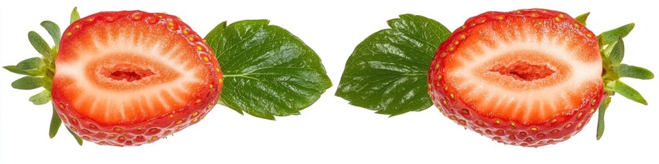A close-up shot of two strawberry halves with green leaves, perfect for food or health-related concepts