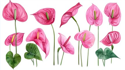 Watercolor clipart set of Pink Anthurium flower 