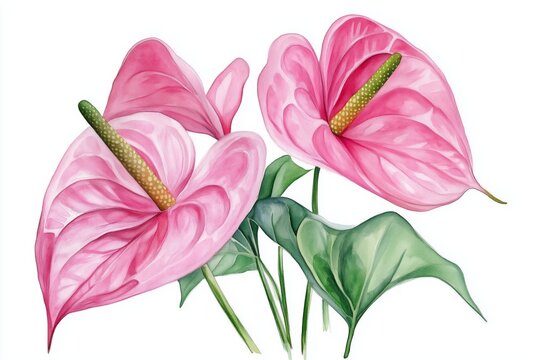 pink anthurium flowers watercolor painting on white background clip art preview