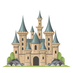 Obraz premium A medieval-style castle with tall spires and stone walls, surrounded by rocks and bushes, set on a white background. Fairy tale concept. Vector illustration