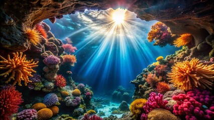 Obraz premium Underwater Cave Sunlight Coral Rule of Thirds