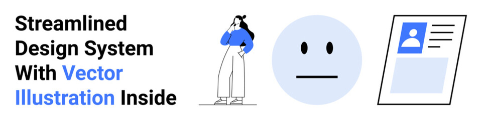 Fototapeta premium Woman pondering design concepts, neutral face emoticon, profile information card. Ideal for UIUX, design systems, creativity, brainstorming, user feedback, modern tech flat landing page banner