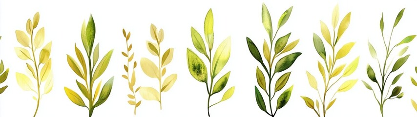 Naklejka premium Watercolor floral illustration set - green & gold leaf branches collection, for wedding stationary, greetings, wallpapers, fashion, background. Eucalyptus, olive, green leaves isolated