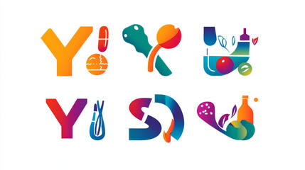 Corporate identity letter Y business icons. Food, medicine and sport, health, beauty and delivery service, finance and education company design. Vector emblems, signs and symbols