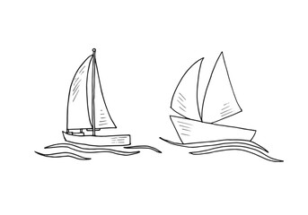 Sailboat doodle hand-drawn black outline art cartoon vector drawing.