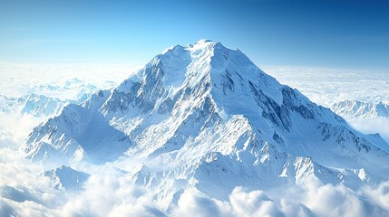 Naklejka premium Snowy peak rises above clouds.