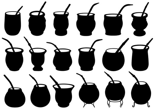 vector set mate tea black silhouettes icon. Traditional Argentinian mate tea. South American Yerba Mate tea symbol design vector illustration