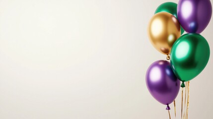 A vibrant cluster of Mardi Gras - colored balloons in gold, purple, and green, tied together with golden strings, set against a clean, light - colored background. 