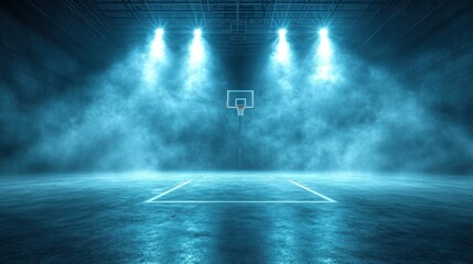 Indoor basketball court, smoky, spotlight, night, game