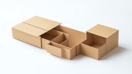 Fototapeta premium An arrangement of empty brown cardboard boxes on a white background.