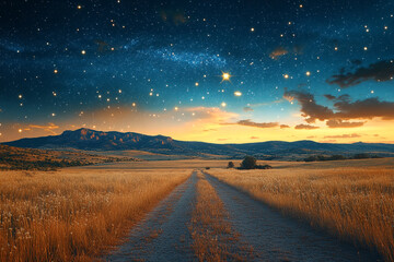 Serene Country Road Underneath A Starlit Night Sky