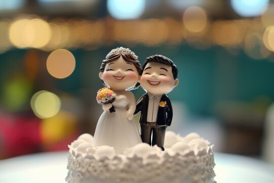 A traditional wedding cake with a decorative bride and groom figurine on top, suitable for romantic occasions or as a decorative piece