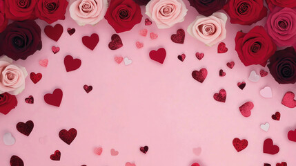 A sweet and romantic Valentine's Day - themed composition with an array of red and pink roses and numerous heart - shaped objects. Perfect for Valentine's Day cards, decorations, and as a wallpaper.