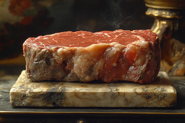 A Thick Cut Of Raw Beef Resting On Marble