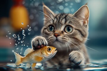 Cat is holding a fish in its mouth. The fish is yellow and the cat is looking at the camera