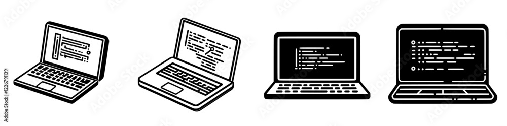 Poster collection of illustrated laptops displaying coding examples in a digital workspace setting