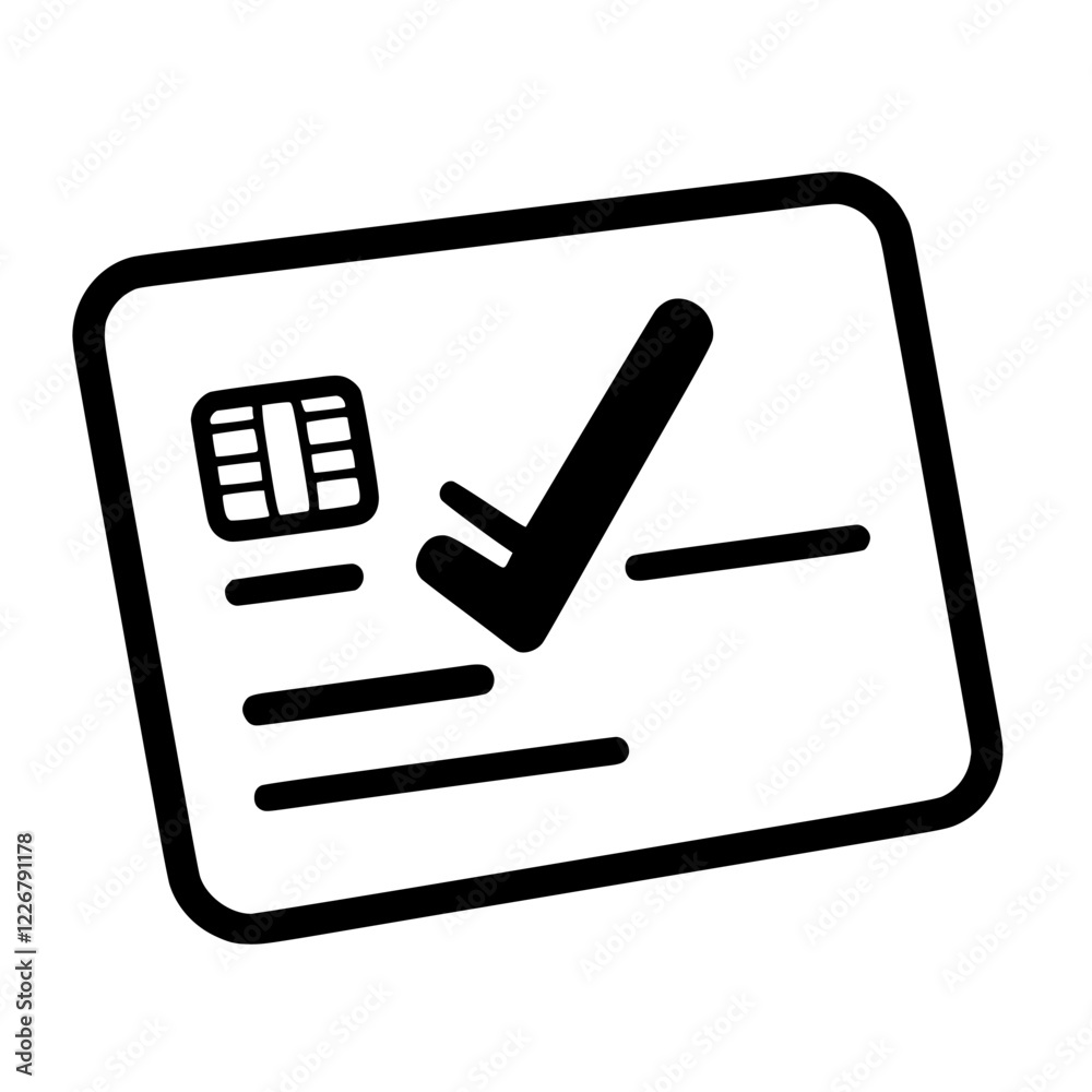 Poster digital card symbol indicating approval with check mark and microchip design