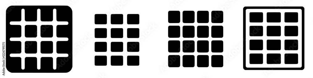 Poster grid patterns displayed in various styles and orientations showcasing geometry and symmetry in desig