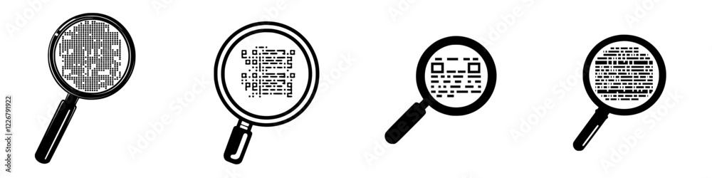 Poster magnifying glasses reveal different types of codes and patterns in a study environment