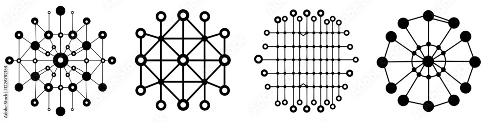 Poster various abstract geometric patterns created with black lines and circles showcasing connectivity and
