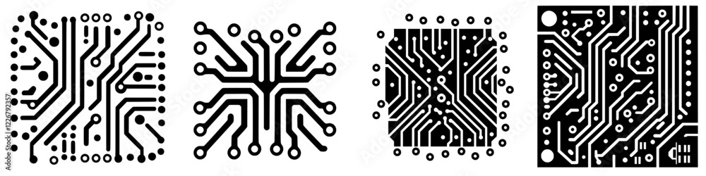 Poster exploring unique circuit board designs showcased with intricate line patterns and shapes