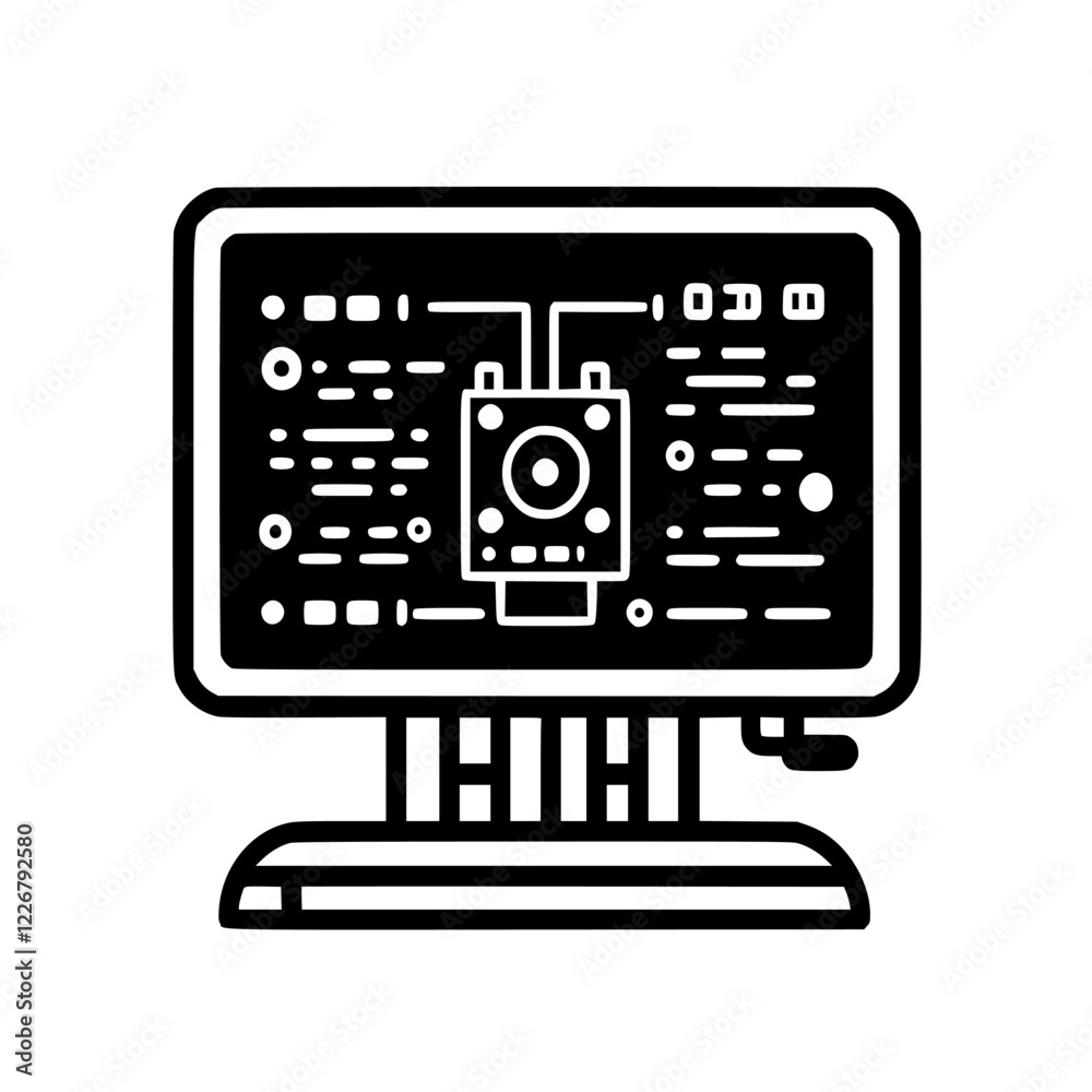 Poster computer screen displaying detailed circuit design and technology schematics during a tech innovatio
