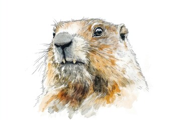 A watercolor portrait of a groundhog in a natural setting