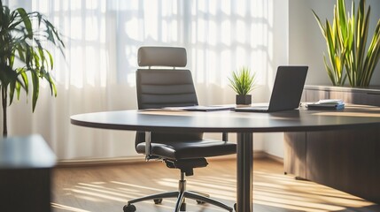 An empty, modern office space with a desk, chair, laptop and natural light