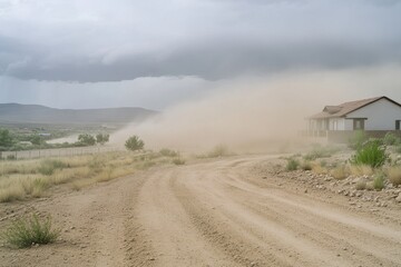 Rural landscape with a dirt road and a house in the background, suitable for travel or nature-themed images