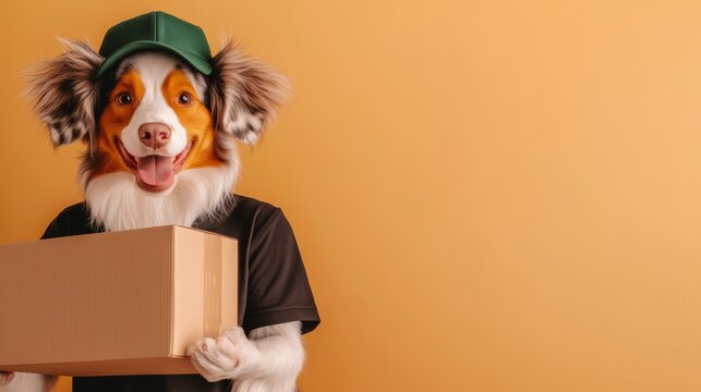Dog is holding a box and wearing a green hat. The dog is smiling and he is happy