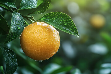 Ripe Orange Hanging From Branch With Dewy Leaves