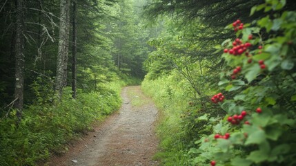 Obraz premium A narrow dirt path winds through a lush forest with vibrant green foliage and red berries