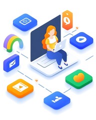 Fototapeta premium A woman using a laptop surrounded by various digital icons representing online activities.