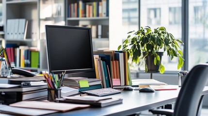 An organized desk with a computer monitor, books, plant, and office supplies in an office environment