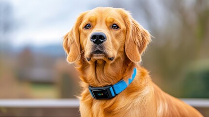 Golden Retriever Dog with Blue Collar in Outdoor Setting
