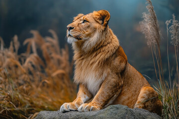 Obraz premium Majestic Lioness Resting On A Rock Gazing Upward