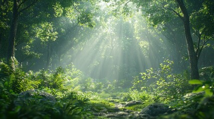 Fototapeta premium Sunbeams illuminate lush green forest path.