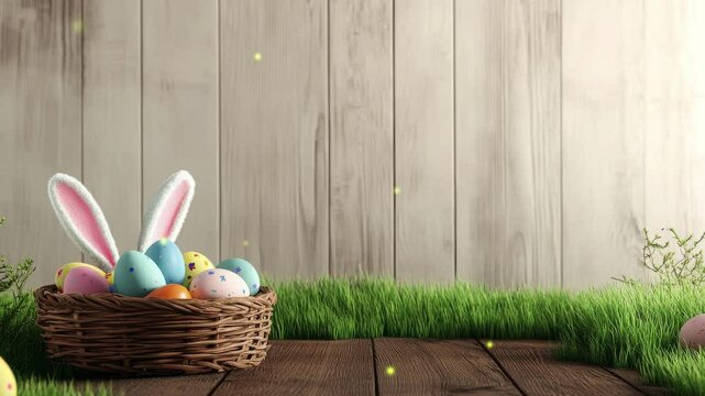 Basket of easter eggs on green grass