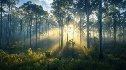 Obraz premium Sunbeams illuminate misty forest at sunrise.