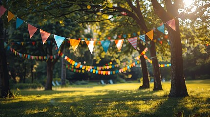 Festive bunting hangs between trees in a park