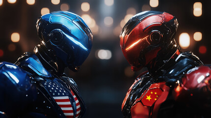 Blue and red futuristic robots face off in dramatic standoff, symbolizing rivalry
