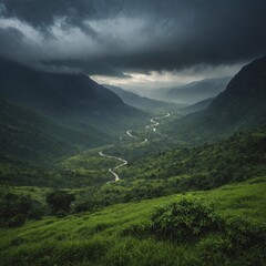 Obraz premium A valley in monsoon season, with heavy clouds and misty air.
