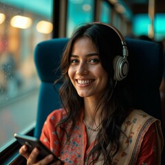 Smiling Woman Listening to Music on Headphones While Traveling – Relaxation and Digital Lifestyle