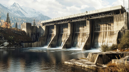 Hydroelectric power station energizes landscape with flowing water and rustic architecture near the river and mountains