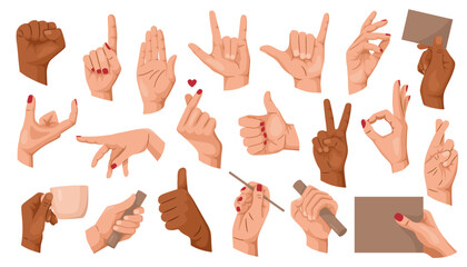 Collection of diverse hand gestures in different poses, colorful style on white background. Concept of communication and expressions. Vector illustration